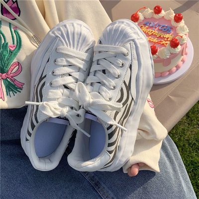 13300/ins斑马纹帆布鞋女2021新款韩版百搭溶解板鞋贝壳头小白运动鞋子