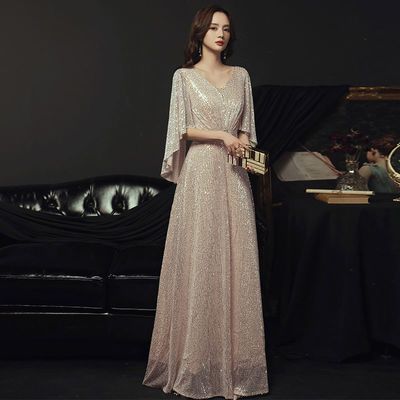 57526/金色高端晚礼服女2021新款宴会气质主持人名媛合唱团演出连衣裙