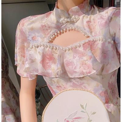24615/法式旗袍改良版少女连衣裙2021新款夏装年轻款古风碎花民国风裙子