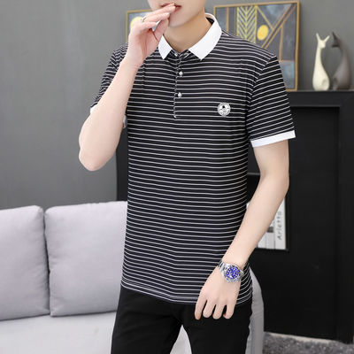 12498/青少年人夏季男士翻领POLO衫修身简约条纹短袖中青年男装t恤衣服