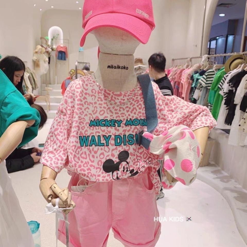 女童夏裝套裝2021新款兒童韓版豹紋T恤女寶寶洋氣短袖短褲兩件套