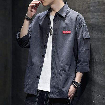 36581/花花公子七分袖衬衫男士春夏季潮流工装上衣服潮宽松纯棉外套青年