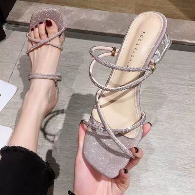 32471/两穿一字带凉鞋女夏季仙女风透明中粗跟百搭水钻网红凉拖鞋女外穿
