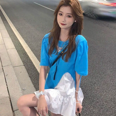 38930/套装女2021夏纯欲设计感小众开叉短袖T恤+白色短裙小个子两件套潮