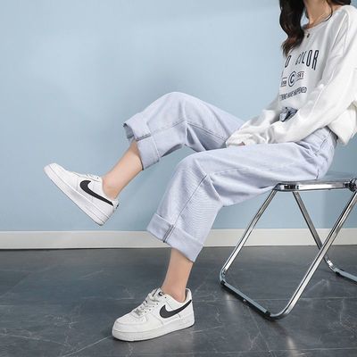 22058/新款蝴蝶结牛仔裤女浅蓝色高腰显瘦百搭小众设计垂直阔腿直筒裤女