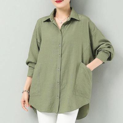 21536/纯棉宽松显瘦长袖衬衫女2021春秋新款韩大码衬衣休闲百搭开衫T恤