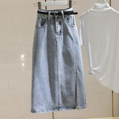 17966/原创中长款复古开叉牛仔裙女小个子高腰包臀半身裙子2021春夏新款