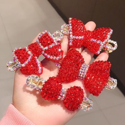 26545/韩国东大门新年红色水钻蝴蝶结发夹女爱心满钻鸭嘴夹气质边夹碎发