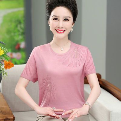 18348/妈妈夏季小衫冰丝清凉短袖t恤打底衫中老年女宽松薄款上衣针织衫