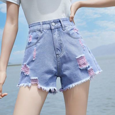 25117/高腰牛仔短裤女夏季韩版宽松学生百搭阔腿破洞毛边显瘦ins热裤潮