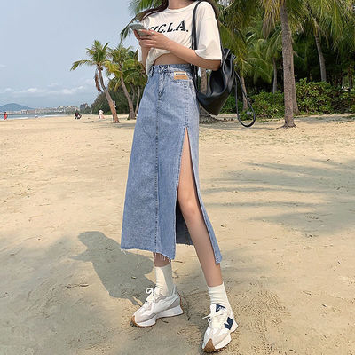 22375/侧开叉牛仔半身裙女2021年夏季新款高腰a字中长款包臀裙百搭宽松