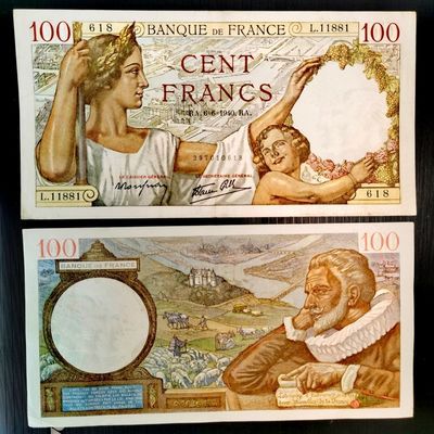 法国1939~1942年100法郎纸币(流通品非全新)保真收藏