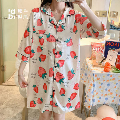 30557/顶瓜瓜夏季丝绸薄款睡裙女开衫短袖中裙夏天少女甜美草莓睡衣裙子