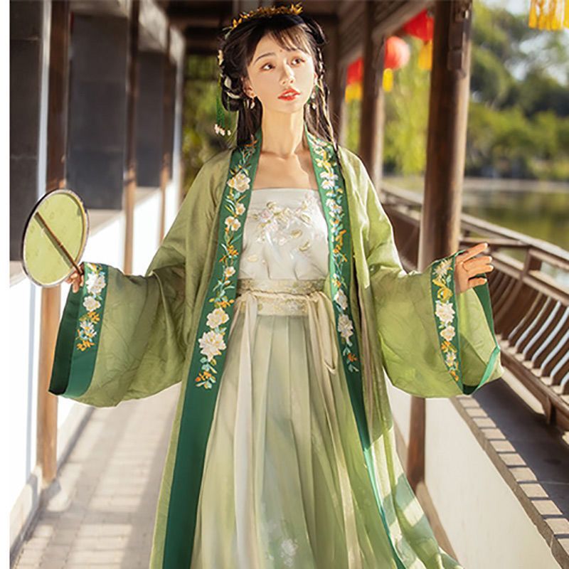 宋制汉服女学生古装仙气古风绿色褙子齐腰裙子古装衣服全套改良女