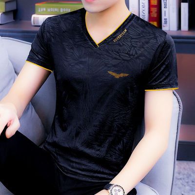 36120/夏季新款2021冰丝男士短袖t恤V领短袖男潮流半袖体恤上衣潮牌男装