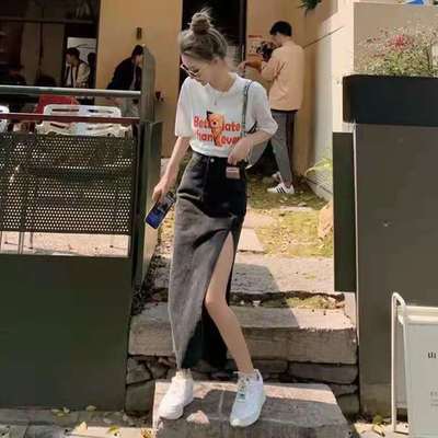 15715/网红气质炸街高腰开叉中长牛仔裙2021新款韩版显瘦黑色a字半身裙