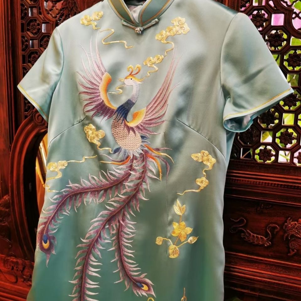 手工苏绣旗袍30姆米重磅真丝里衬100桑蚕丝盘金绣平针绣