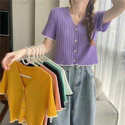 16099/夏季短款冰丝开衫女薄款外搭BM风五分短袖v领针织开衫外套女潮ins