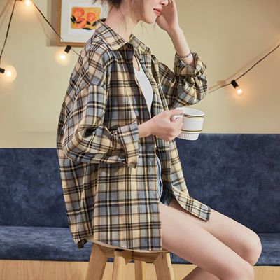73287/新款2021年春款新时尚格子衬衫女长袖衬衣外套韩版设计感小众上衣