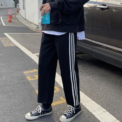 39038/春夏季港风ins运动休闲裤男直筒宽松韩版情侣潮流阔腿三杆九分裤