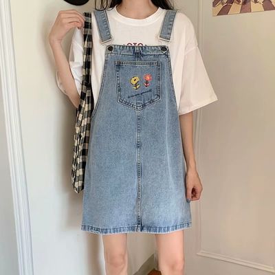 34527/减龄ins小花刺绣牛仔背带裙女夏季大码胖mm宽松百搭学生连衣裙潮
