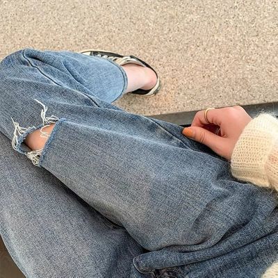63893/破洞牛仔裤女遮胯宽松显瘦九分裤大码胖mm梨型身材薄乞丐裤子
