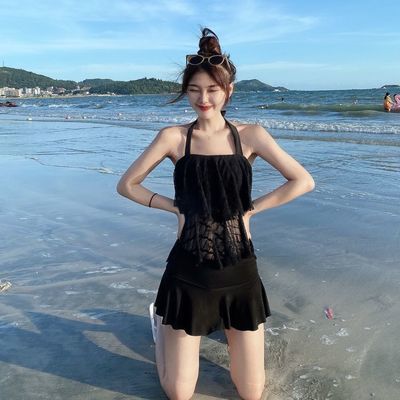 韩版学生游泳衣少女两件套显瘦保守高腰遮肚分体平角游泳衣女泳装