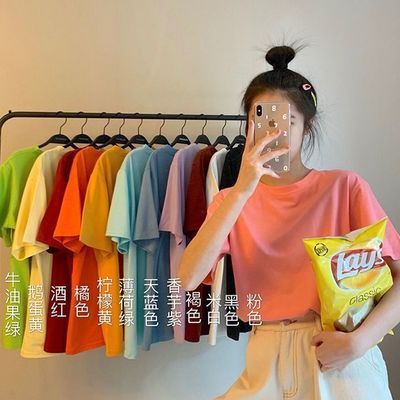 40674/泫雅风棉质纯色短袖T恤女宽松韩版2021夏季新款学生百搭上衣ins潮