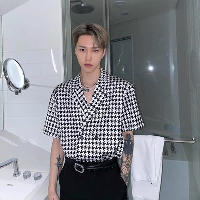 49815/潮牌男装小众设计高级感千鸟格潮流古巴领网红短袖痞帅衬衫男港风