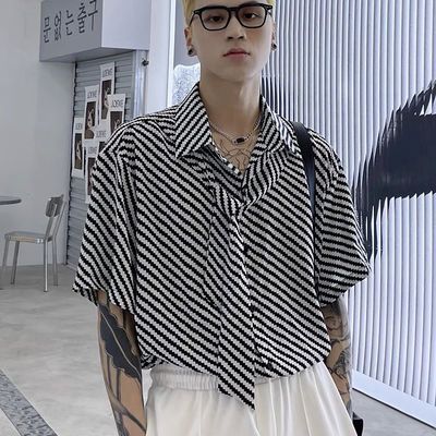 44773/欧洲站潮牌领带设计感条纹印花拼色小众衬衫男高级轻奢宽松衬衣潮