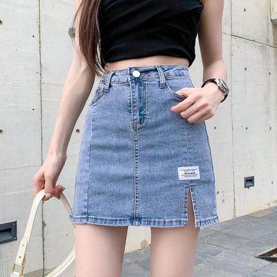 20202/2020夏季弹力牛仔裙半身裙女高腰防走光a字短裙裤裙开叉包臀裙子
