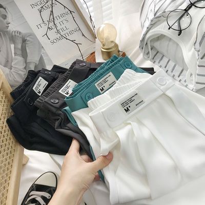 34090/时髦设计感白色束脚西装裤女夏2021新款小个子冰丝宽松显瘦哈伦裤