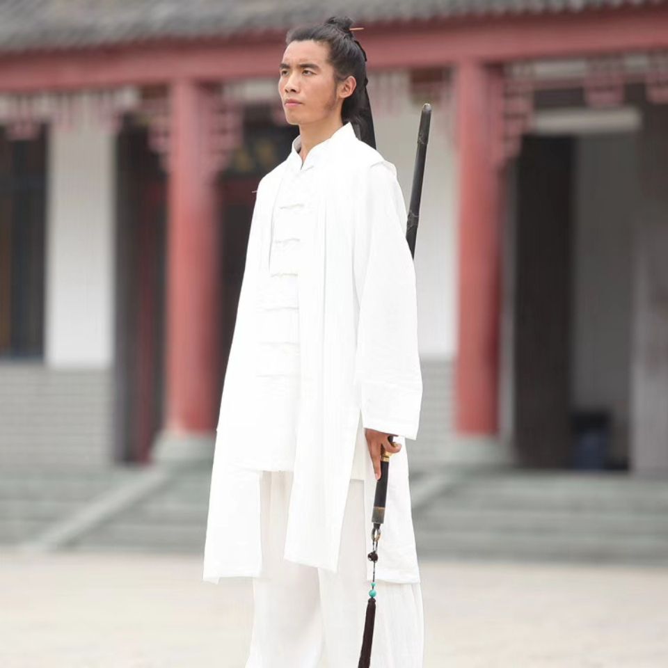 武当山道士服春秋长袍套装亚麻道袍男练功服武术表演三件套太极服