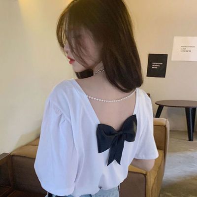 37450/夏季2021甜辣风可爱白色学生百搭短袖T恤女装新款设计感小众露背