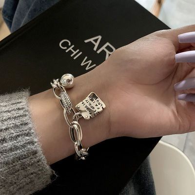 22041/手链女ins不掉色简约字母方牌纯银爱心小众设计复古情侣气质手饰
