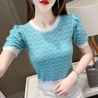 24161/2021新款韩版时尚小清新圆领针织衫女格子拼色百搭泡泡袖上衣女