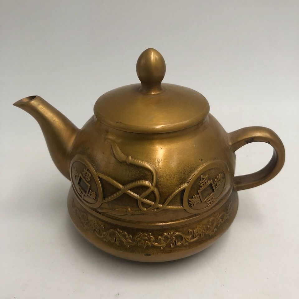 乡下老物件古玩古董铜器 清朝乾隆年制招财进宝铜茶壶 家居摆件【3月
