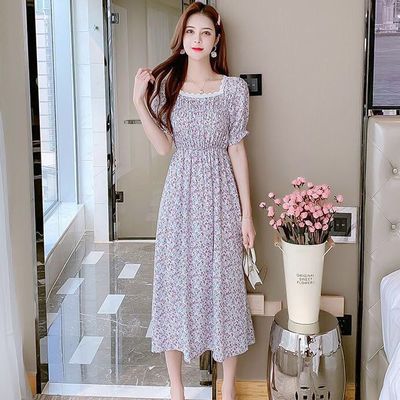 40011/碎花雪纺连衣裙女2021年夏季新款法式方领复古气质收腰显瘦中长裙