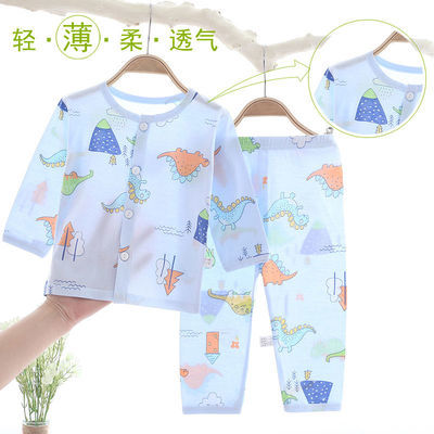 夏款婴儿空调服纯棉薄款男女宝宝长袖睡衣0-3岁小童家居服套装