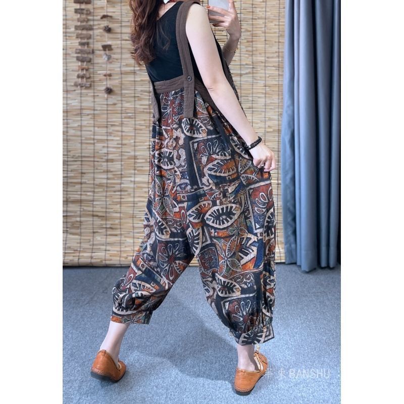 Ethnic retro printed cotton and hemp mother's suspenders for women in spring and summer loose age reducing 9-point pants, western style one-piece lantern pants