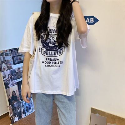 37788/2021夏季新款体恤韩版宽松原宿风印花黑色T恤女夏短袖上衣ins潮