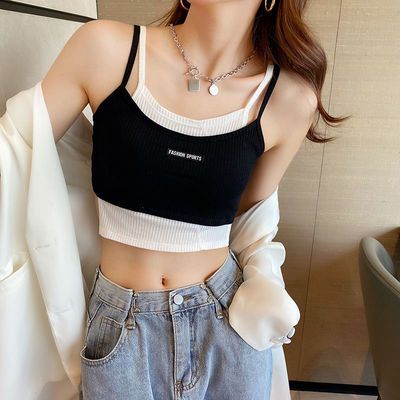 36415/假两件吊带运动背心女夏字母打底辣妹短款内衣带胸垫美背性感背心