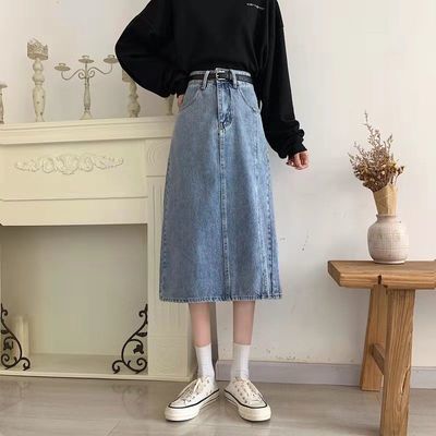 29132/牛仔半身裙2021春秋季新款高腰开叉显瘦遮跨a字女小个子中长裙潮