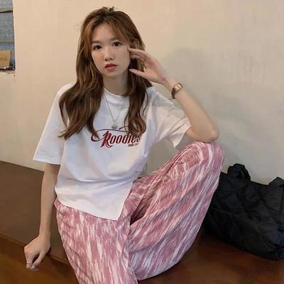 32309/套装女港风复古chic字母印花宽松T恤夏季扎染休闲阔腿裤两件套潮