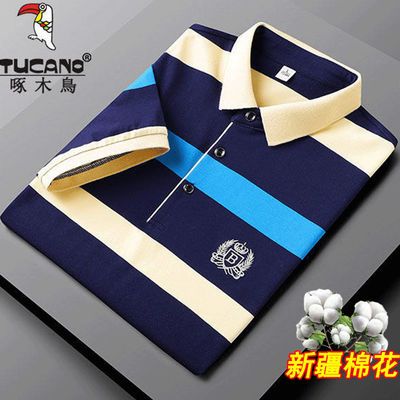 27079/啄木鸟Polo衫男士夏季翻领新疆纯棉短袖T恤中年商务休闲条纹上衣