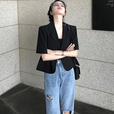 75114/大瓶定制 超A剪裁日常好穿黑色短袖小西装外套女薄款显瘦西服夏季