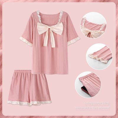 70589/2021新款睡衣女士夏季短袖短裤宽松学生可爱蝴蝶结居家服两件套