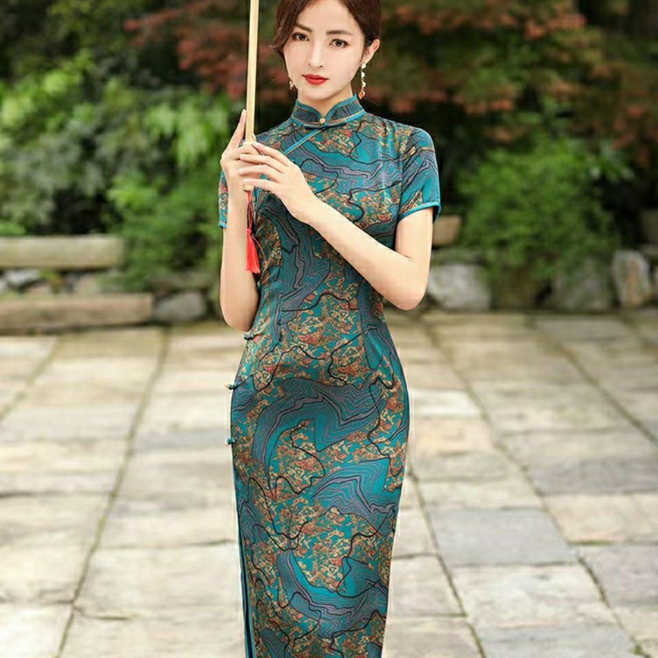 旗袍抖音网红爆款2021夏季新款长款旗袍高开叉复古中国风连衣裙女