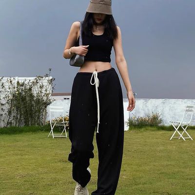 41138/胖妹妹垂感抽绳裤女夏显瘦百搭黑色休闲裤子女韩版宽松西装阔腿裤