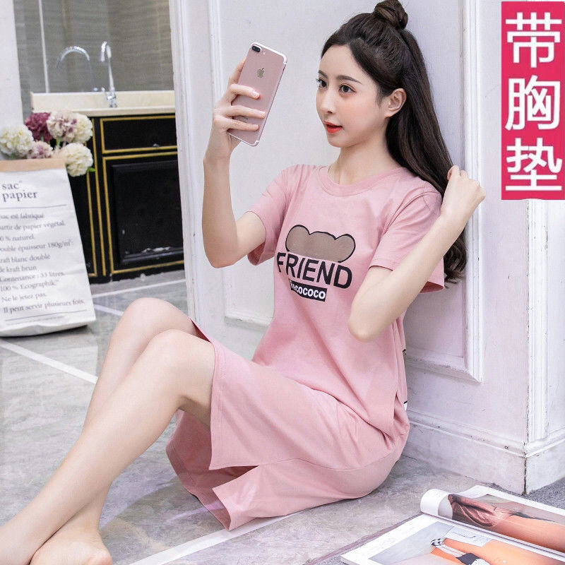 Nightdress with chest pad female summer pure cotton cartoon students cute thin section short-sleeved loose spring and summer home clothes that can be worn outside